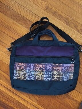 Black and Purple Messenger Bag with Patterned Front Panel